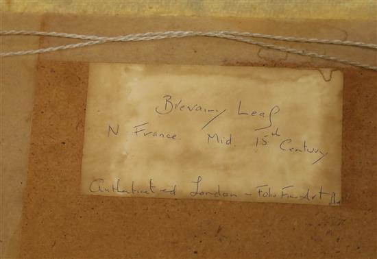 A mid 15th century Breviary single leaf manuscript, Northern France, on vellum, 34 lines of text in two